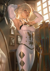 Rule 34 | 1girl, armpits, arms up, ass, bare shoulders, blue eyes, cape, capelet, chest of drawers, cross, cross earrings, detached collar, detached sleeves, earrings, from below, genshin impact, hair between eyes, high ponytail, highres, indoors, jacket, jean (genshin impact), jewelry, long hair, mirror, multicolored capelet, pants, parted lips, picture frame, ponytail, raikoart, reflection, shield, skin tight, standing, sunlight, sword, tight clothes, tight pants, tying hair, weapon, white pants, window