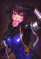 Rule 34 | 1girl, bandaged arm, bandages, black bodysuit, blue one-piece swimsuit, blush, bodysuit, breasts, brown eyes, brown hair, candy, food, halloween costume, hand up, highres, holding, holding candy, holding food, holding lollipop, horns, kilye kairi, large breasts, latex, latex bodysuit, lollipop, looking at viewer, medium hair, multicolored hair, one-piece swimsuit, original, skin tight, smile, solo, streaked hair, swimsuit, swimsuit over bodysuit, tail, v