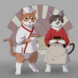 Rule 34 | 2others, absurdres, animal, cat, cat tail, chef, chef hat, commentary, commission, english commentary, food, hat, highres, holding, holding food, holding tray, looking at viewer, marqueeadam, multiple others, no humans, original, sushi, tail, tray