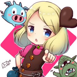 Rule 34 | 1girl, animal, blonde hair, blue eyes, blush, brown vest, chestnut mouth, colored skin, commentary request, copyright request, facial hair, goblin, green skin, hair ornament, heart, heart hair ornament, heart in eye, highres, looking at viewer, nyano21, outline, outstretched arm, parted lips, pig, pink background, pink shirt, pointing, pouch, puffy short sleeves, puffy sleeves, shirt, short sleeves, signature, solo focus, swept bangs, symbol in eye, two-tone background, vest, white background, white outline