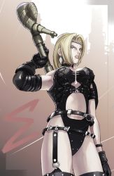 Rule 34 | 1girl, armband, armor, armpits, axe, belt, blonde hair, blue eyes, breasts, buckle straps, cleavage cutout, clothing cutout, earrings, elbow gloves, fighting stance, garter belt, gloves, headband, jewelry, laceups, leather, leather armor, leotard, lips, lipstick, makeup, medium breasts, ninja gaiden, one-piece swimsuit, rachel (ninja gaiden), shadow, solo, standing, strap, studded leather, swimsuit, tecmo, thighs, tiara, weapon