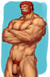 Rule 34 | 1boy, abs, absurdres, bar censor, bara, bare pectorals, beard, censored, completely nude, cowboy shot, crossed arms, facial hair, fate/grand order, fate/zero, fate (series), flaccid, highres, iskandar (fate), large pectorals, male focus, male pubic hair, muscular, navel, nipples, nude, pectorals, penis, ponkotsu (pixiv11249778), pubic hair, red eyes, red hair, short hair, simple background, solo, testicles, thick thighs, thighs, veins, veiny penis