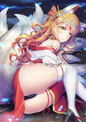Rule 34 | 1boy, androgynous, animal ears, ass, bare shoulders, blonde hair, blush, bulge, crossdressing, fingernails, fox ears, fox tail, halloween, halloween costume, high heels, highres, japanese clothes, kimono, long fingernails, long hair, looking at viewer, lying, multiple tails, natsusora wakana, novady, original, panties, parted lips, sharp fingernails, shiny skin, solo, tail, tattoo, thick thighs, thighhighs, thighs, trap, underwear, very long hair, wide hips, yellow eyes