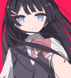 Rule 34 | 1girl, bangs pinned back, black sweater vest, blue eyes, bow, bowtie, brown hair, closed mouth, collared shirt, floating hair, long bangs, long hair, looking at viewer, nijisanji, pink background, pink bow, pink bowtie, school uniform, shirt, short sleeves, sidelocks, simple background, smile, solo, sou (tuhut), straight hair, sweater vest, tsukino mito, upper body, v-neck, virtual youtuber, white shirt, wispy bangs
