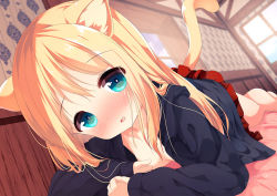 Rule 34 | 1girl, animal ear fluff, animal ears, bed sheet, black jacket, blonde hair, blue eyes, blurry, blurry background, blush, breasts, cat ears, cat girl, cat tail, chinomaron, commentary request, convenient censoring, depth of field, dutch angle, head tilt, hood, hooded jacket, indoors, jacket, long hair, long sleeves, looking at viewer, lying, on stomach, open clothes, open jacket, original, parted lips, pleated skirt, red skirt, signature, skirt, sleeves past wrists, small breasts, solo, tail, tail raised, twitter username