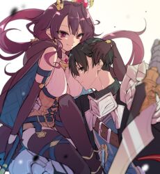 Rule 34 | 1boy, 1girl, armor, atelier (series), atelier sophie, atelier sophie 2, belt, black hair, black thighhighs, breasts, brown belt, cape, closed mouth, crown, diebold lewerenz, floating hair, hair between eyes, hand on another&#039;s head, highres, karasumi (aiseec), knee up, large breasts, leotard, long hair, long sleeves, looking at viewer, low twintails, mini crown, profile, purple eyes, purple hair, ramizel erlenmeyer, short hair, sitting, smile, sword, thighhighs, twintails, weapon