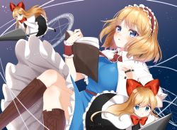 Rule 34 | 1girl, alice margatroid, apron, arms up, bad id, bad pixiv id, blonde hair, blue background, blue dress, blue eyes, blush, book, boots, bow, capelet, commentary, cross-laced footwear, dress, feet out of frame, floating, frilled ribbon, frills, hair bow, hairband, highres, holding, holding book, jewelry, knee boots, knees together feet apart, lace-up boots, lance, leaning back, light particles, light trail, lolita hairband, long hair, looking at viewer, magic circle, open book, open mouth, parted lips, petticoat, polearm, puppet rings, red neckwear, red ribbon, ribbon, ring, runes, sash, shanghai doll, shinonome asu, short hair, solo, teeth, touhou, upper teeth only, waist apron, weapon, white capelet, wrist cuffs