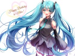 Rule 34 | 1girl, :d, amagi shino, bad id, bad pixiv id, black skirt, black sleeves, black thighhighs, blue hair, blue necktie, breasts, character name, collared shirt, commentary, detached sleeves, dress shirt, green eyes, grey shirt, hair between eyes, happy birthday, hatsune miku, heart, highres, long hair, long sleeves, looking at viewer, necktie, open mouth, pleated skirt, shirt, simple background, skirt, sleeveless, sleeveless shirt, sleeves past wrists, small breasts, smile, solo, teeth, thighhighs, tie clip, twintails, upper teeth only, very long hair, vocaloid, white background, wide sleeves
