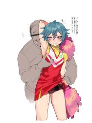 Rule 34 | 1boy, 1girl, arm up, armpits, bad id, bad pixiv id, bar censor, black panties, blue eyes, blush, breasts, censored, checkered clothes, checkered panties, cheerleader, clenched teeth, clothes lift, cowboy shot, embarrassed, facial hair, fat, fat man, gaiko (pripara), grin, groping, hair between eyes, half-closed eyes, hetero, highres, identity censor, legs apart, lifting another&#039;s clothes, long sleeves, looking to the side, nipple stimulation, nipple tweak, ohisashiburi, old, old man, original, panties, parted lips, partially colored, plaid, plaid panties, pom pom (cheerleading), pretty series, pripara, red shirt, red skirt, shirt, short hair, short sleeves, simple background, skirt, skirt lift, small breasts, smile, solo focus, standing, stubble, sweat, teeth, translation request, underwear, white background, yellow shirt