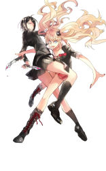 Rule 34 | 2girls, bear hair ornament, black footwear, black hair, black legwear, black skirt, blonde hair, blood, bloody knife, bloody weapon, blue eyes, bow, bowtie, breasts, calf boots, calf socks, cleavage, collarbone, collared jacket, collared shirt, combat knife, danganronpa: trigger happy havoc, danganronpa (series), enoshima junko, fake nails, falling, fingerless gloves, frown, full body, gloves, grey eyes, hair ornament, holding, holding knife, holding weapon, ikusaba mukuro, incest, jacket, knife, large breasts, leg between thighs, long hair, looking at viewer, looking down, medium hair, multiple girls, nail polish, necktie, neckwear request, open mouth, outstretched arms, outstretched hand, palms, pleated skirt, red bow, red nails, red skirt, shirt, siblings, simple background, sisters, skirt, smile, straddling, teeth, thighs, tongue, twincest, twins, twintails, upper teeth only, weapon, white background, yuri