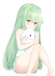 Rule 34 | 1girl, :o, absurdres, bare arms, bare legs, bare shoulders, barefoot, blush, brown eyes, camisole, commentary request, feet out of frame, green camisole, green hair, green shorts, hair between eyes, hair flaps, highres, knees up, long hair, looking at viewer, hugging object, original, panties, panties under shorts, parted lips, pink panties, roido (taniko-t-1218), short shorts, shorts, simple background, sitting, solo, stuffed animal, stuffed rabbit, stuffed toy, underwear, upshorts, very long hair, white background