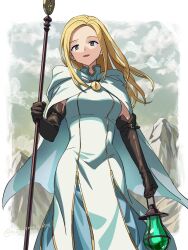 Rule 34 | 1girl, blonde hair, brown gloves, cape, cloud, commentary request, dress, elbow gloves, gloves, grey eyes, holding, holding lantern, holding staff, lantern, long hair, looking at viewer, mechnmechn, mountain, octopath traveler, octopath traveler i, open mouth, ophilia clement, outdoors, smile, solo, staff, standing, white cape, white dress