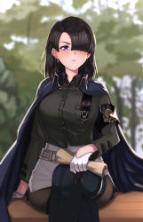 Rule 34 | 1girl, absurdres, armband, belt, black cape, black footwear, black hair, black pantyhose, black shirt, blush, boots, breast pocket, breasts, brown dust, cape, collared shirt, cowboy shot, crossed legs, earrings, gloves, hair over one eye, highres, jewelry, large breasts, laura (brown dust), long hair, miniskirt, pantyhose, pencil skirt, pocket, purple eyes, shirt, sitting, skirt, solo, spiz, thigh boots, thighhighs, white gloves, white skirt