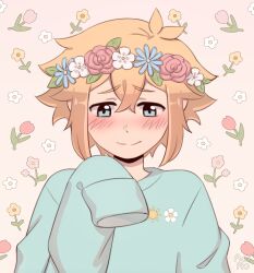 Rule 34 | 1boy, absurdres, alternate costume, aoiro arts, basil (faraway) (omori), basil (omori), blonde hair, blue eyes, blush, closed mouth, commission, flower, green sweater, head wreath, highres, long sleeves, looking at viewer, omori, short hair, sleeves past wrists, solo, sweater, upper body