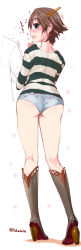 Rule 34 | 10s, 1girl, ass, back, blush, boots, brown hair, denim, denim shorts, earrings, from behind, full body, heart, heart-shaped lock, heart earrings, hiei (kancolle), high heel boots, high heels, highres, jewelry, kantai collection, knee boots, looking back, shirt, short hair, shorts, solo, standing, striped clothes, striped shirt, tokuda shinnosuke, translated