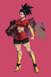 Rule 34 | 1girl, absurdres, artist request, black hair, dragon ball, dragon ball super, earrings, female focus, full body, highres, jewelry, kale (dragon ball), legs, long legs, looking at viewer, mature female, muscular, muscular female, sexually suggestive, simple background, solo, standing