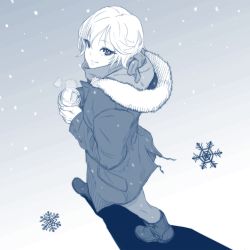 Rule 34 | 1girl, anastasia (idolmaster), blue theme, boots, from above, from side, full body, highres, holding, hood, hoodie, hot drink, idolmaster, idolmaster cinderella girls, looking at viewer, looking up, monochrome, pantyhose, short hair, simple background, smile, snow, snowflakes, snowing, solo, steam, sweater, tocky, walking