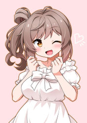 1girl ;d ahoge akou_roushi blush bow breasts brown_eyes brown_hair cevio dress frilled_dress frills hair_intakes hair_rings heart long_hair looking_at_viewer medium_breasts off-shoulder_dress off_shoulder one_eye_closed open_mouth pink_background puffy_short_sleeves puffy_sleeves satou_sasara short_sleeves side_ponytail smile solo white_bow white_dress