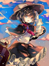 Rule 34 | 1girl, bag, black hair, blue eyes, bow, capelet, cha goma, gloves, hat, hat bow, highres, open mouth, sash, solo, touhou, usami renko