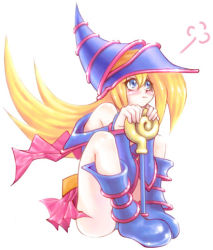 Rule 34 | 1girl, angry, ass, bare legs, bare shoulders, blonde hair, blue eyes, blue footwear, blush, boots, cape, dark magician girl, duel monster, female focus, hat, hisigata, long hair, lowres, magical girl, pout, sitting, skirt, solo, wand, witch hat, wizard hat, yu-gi-oh!, yuu-gi-ou, yu-gi-oh! duel monsters