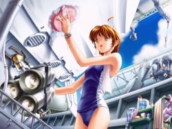 Rule 34 | 1girl, :d, armpits, brown eyes, brown hair, cleaning, cloud, day, flat chest, game cg, kisaragi yuumi, mecha, min-naraken, one-piece swimsuit, open mouth, outdoors, robot, school swimsuit, see in ao, short hair, sky, smile, soap, solo, sponge, standing, swimsuit, towel, towel around neck, washing, washing vehicle, watch, wet, wristwatch