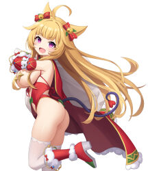 Rule 34 | 1girl, :d, ahoge, animal ears, ass, bell, blonde hair, blush, boots, bow, breasts, commentary request, copyright request, detached sleeves, from side, fur-trimmed boots, fur trim, hair bell, hair bow, hair ornament, heijialan, high heel boots, high heels, highres, holding, holding sack, jingle bell, large breasts, leotard, long hair, long sleeves, looking at viewer, looking to the side, maebari, official art, open mouth, purple eyes, red bow, red footwear, red leotard, red sleeves, sack, simple background, smile, solo, standing, standing on one leg, tail, thighhighs, thighhighs under boots, very long hair, white background, white thighhighs