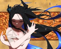 Rule 34 | 1girl, asymmetrical horns, bandages, black hair, blue hair, breasts, butayaro kr, cleavage, collarbone, colored inner hair, demon horns, forehead, highres, hololive, hololive english, horns, large breasts, long hair, looking at viewer, mole, mole under eye, multicolored hair, nerissa ravencroft, red eyes, solo, virtual youtuber