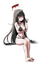 Rule 34 | 1girl, absurdres, arm under breasts, bags under eyes, barefoot, bikini, black bikini, black hair, blood, blood halo, blue archive, blush, breasts, constricted pupils, criss-cross halter, full body, halo, halterneck, highres, invisible chair, large breasts, liquid halo, long hair, melting halo, messy hair, moonlit, multi-strapped bikini bottom, navel, nose blush, red eyes, red halo, simple background, sitting, solo, swimsuit, tsurugi (blue archive), tsurugi (swimsuit) (blue archive), twirling hair, very long hair, wavy mouth, white background
