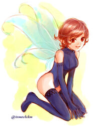 Rule 34 | 1girl, blue gloves, blue leotard, blue thighhighs, elbow gloves, fairy, fairy wings, gloves, leotard, pixie (megami tensei), pointy ears, red eyes, red hair, shin megami tensei, thighhighs, wings