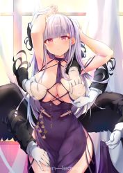 Rule 34 | 1girl, armpits, arms up, artist name, azur lane, black wings, blunt bangs, blush, breasts, cleavage, closed mouth, cowboy shot, curtains, dido (anxious bisque doll) (azur lane), dido (azur lane), disembodied hand, dress, fallen-leaves, gloves, highres, indoors, large breasts, long hair, long sleeves, looking at viewer, low wings, pelvic curtain, purple dress, purple eyes, silver hair, sleeveless, sleeveless dress, straight hair, thighs, very long hair, white gloves, window, wings