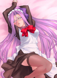Rule 34 | 00s, 1girl, alternate costume, apron, arms up, bow, enmaided, fate/stay night, fate (series), glasses, lips, long hair, long sleeves, looking at viewer, maid, maid apron, medusa (fate), medusa (rider) (fate), parted lips, purple hair, solo, square pupils, thighhighs, very long hair, zen