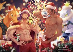 Rule 34 | 2boys, abs, alternate costume, artist name, bare pectorals, belt, blue eyes, blurry, cape, charizard, christmas, closed mouth, clothed pokemon, collarbone, commentary request, creatures (company), dark-skinned male, dark skin, dreepy, duraludon, earrings, facial hair, fur-trimmed cape, fur trim, game freak, gen 1 pokemon, gen 8 pokemon, grookey, hand on own hip, hat, highres, jewelry, leon (pokemon), long hair, looking at viewer, male focus, merry christmas, moge-hera, multiple boys, navel, nintendo, nipples, pants, pectorals, pokemon, pokemon (creature), pokemon swsh, purple hair, raihan (pokemon), red cape, red headwear, red pants, santa hat, scorbunny, sobble, topless male, watermark, yellow eyes