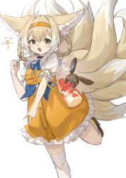 Rule 34 | 1girl, absurdres, animal ears, arknights, blonde hair, brown footwear, bubble pipe, choker, dress, fox ears, fox girl, fox tail, frilled dress, frills, green eyes, hair between eyes, headband, highres, infection monitor (arknights), long hair, looking at viewer, multiple tails, open mouth, orange dress, orange headband, simple background, smile, solo, sun, suzuran (arknights), suzuran (let&#039;s carnival!) (arknights), tail, v, white background, white legwear, xiu kukkii