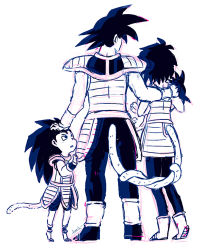 Rule 34 | 1girl, 3boys, aonik, arm around shoulder, armor, baby, bardock, black eyes, black hair, boots, brothers, carrying, child, couple, dragon ball, dragonball z, eyebrows, family, father and son, from behind, gine, hand on another&#039;s head, happy, holding baby, intertwined tails, long hair, looking at another, looking up, matching hair/eyes, monkey tail, mother and son, multiple boys, pants, parted lips, raditz, saiyan, saiyan armor, short hair, shoulder pads, siblings, simple background, son goku, spiked hair, standing, tail, tiptoes, walking, white background, white footwear