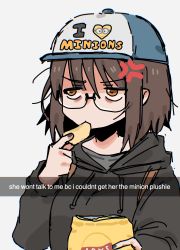 Rule 34 | 1girl, aki (snale), anger vein, annoyed, baseball cap, black hoodie, black nails, brown hair, chips (food), despicable me, english text, fake phone screenshot, fake screenshot, food, glasses, grey shirt, hair behind ear, hat, highres, holding, holding food, hood, hoodie, lay&#039;s (potato chips), minion (despicable me), nail polish, original, portrait, potato chips, shirt, snale, snapchat, solo, white background