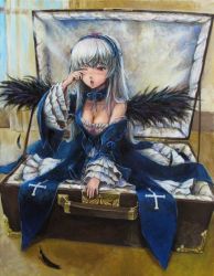 Rule 34 | 00s, 1girl, blush, breasts, cleavage, dress, frills, hairband, highres, oil painting (medium), one eye closed, painting (medium), red eyes, rozen maiden, silver hair, sleepy, solo, strap slip, suigintou, tafuto, traditional media, wings, wink, yawning