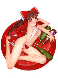 Rule 34 | 1girl, alcohol, barefoot, bottle, breasts, brown eyes, brown hair, cherry blossoms, cleft of venus, covered erect nipples, cup, drunk, feet, flower, full body, hair ribbon, hair tubes, hakurei reimu, in container, in cup, legs folded, looking at viewer, lying, navel, nipples, on side, oversized object, petals, revision, ribbon, sakazuki, sake, sake bottle, sasayuki, see-through, simple background, slingshot swimsuit, small breasts, solo, swimsuit, touhou, wedgie, white background