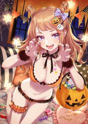 Rule 34 | 1girl, :d, bare shoulders, basket, bikini, black nails, blue eyes, bow, breasts, candy, candy wrapper, claw pose, cleavage, collarbone, facial mark, fang, food, ghost hair ornament, hair bow, hair ornament, hairclip, halloween, halloween bucket, highres, jack-o&#039;-lantern, jack-o&#039;-lantern hair ornament, kneeling, lace trim, large breasts, bridal garter, lollipop, long hair, looking at viewer, morikura en, multicolored nails, nail art, nail polish, navel, neck ribbon, open mouth, orange bikini, orange hair, orange nails, original, pumpkin, purple nails, ribbon, silk, smile, solo, spider web, stomach, striped, striped bow, swimsuit, swirl lollipop, trick or treat, white nails, window