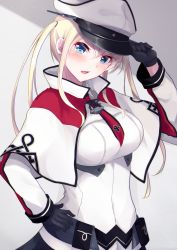 Rule 34 | 10s, 1girl, black gloves, blonde hair, blue eyes, blush, breasts, capelet, female focus, gloves, graf zeppelin (kancolle), hand on own hip, hat, highres, igayan, kantai collection, large breasts, long hair, looking at viewer, military, military hat, military uniform, open mouth, shirt, skirt, solo, uniform