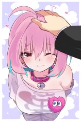 Rule 34 | 1girl, ahoge, blush, breasts, collar, collarbone, commentary request, fang, heart on chest, highres, idolmaster, idolmaster cinderella girls, large breasts, one eye closed, headpat, pink eyes, pink hair, portrait, pov, pov hands, shirt, short hair, solo, solo focus, suzuki toto, yumemi riamu