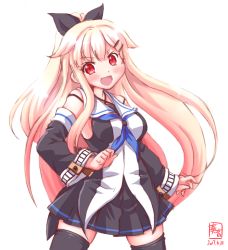 Rule 34 | &gt;:d, 1girl, :d, alternate costume, alternate hairstyle, black serafuku, black thighhighs, blonde hair, commentary request, cosplay, dated, detached sleeves, fang, hair flaps, hair ornament, hair ribbon, hairclip, highres, kanon (kurogane knights), kantai collection, long hair, looking at viewer, open mouth, pleated skirt, red eyes, ribbon, school uniform, serafuku, sketch, skirt, smile, solo, thighhighs, v-shaped eyebrows, yamakaze (kancolle), yamakaze (kancolle) (cosplay), yuudachi (kancolle), zettai ryouiki