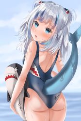 Rule 34 | ass, back, backless outfit, bad id, bad twitter id, blue background, blue eyes, blue hair, blue one-piece swimsuit, blunt bangs, blurry, blurry background, cobra (cobra 63), cowboy shot, dripping, fins, fish tail, from behind, frown, gawr gura, grey hair, hair ornament, hand up, head tilt, highres, holding, holding stuffed toy, hololive, hololive english, looking at viewer, looking back, multicolored clothes, multicolored hair, multicolored one-piece swimsuit, multicolored swimsuit, one-piece swimsuit, open mouth, print swimsuit, shark girl, shark hair ornament, shark tail, sharp teeth, sky, stitches, streaked hair, stuffed animal, stuffed toy, sweatdrop, swimsuit, tail, teeth, two side up, upper teeth only, virtual youtuber, water, water drop, wet
