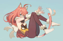 Rule 34 | 1girl, ahoge, animal ears, aqua eyes, armpits, bare shoulders, bow, bowtie, breasts, brown pantyhose, cat ears, cat girl, cat tail, check copyright, copyright request, covering own mouth, detached sleeves, feet, fur collar, highleg, highleg leotard, knees up, leotard, long hair, long sleeves, looking at viewer, no bra, orange hair, original, outstretched arms, pantyhose, ribbon, small breasts, solo, strapless, strapless leotard, tail, tail ornament, tail ribbon, timbougami, yellow leotard