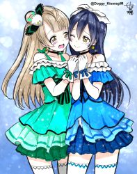 Rule 34 | 2girls, bad id, bad twitter id, bare shoulders, blue dress, blue hair, bow, cheek-to-cheek, closed mouth, commentary request, dress, earrings, gloves, green dress, grey hair, hair between eyes, hair ornament, hair ribbon, heads together, highres, holding hands, jewelry, kira-kira sensation!, kisaragi mizu, long hair, love live!, love live! school idol project, minami kotori, multiple girls, one eye closed, one side up, open mouth, ribbon, simple background, smile, sonoda umi, tearing up, white gloves, white legwear, yellow eyes