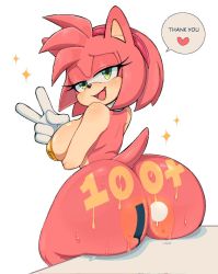 Rule 34 | 1girl, amy rose, animal ears, animal nose, ass, blush, breasts, furry, furry female, gloves, green eyes, hairband, hedgehog ears, hedgehog girl, hedgehog tail, huge ass, ichig8miruku, large breasts, looking at viewer, looking back, milestone celebration, open mouth, paint, paint on body, patreon logo, pink fur, pink hair, red hairband, short hair, smile, solo, sonic (series), tail, thick thighs, thighs, white gloves, wide hips