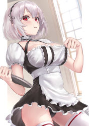 Rule 34 | 1girl, absurdres, anchor choker, apron, azur lane, black panties, blush, breasts, choker, collarbone, dress, frills, gluteal fold, hair between eyes, hairband, highres, lace, lace-trimmed hairband, lace-trimmed legwear, lace trim, large breasts, looking at viewer, looking down, maid, maid apron, maid headdress, monegi, open mouth, panties, puffy sleeves, red eyes, ribbon, short hair, short sleeves, silver hair, sirius (azur lane), solo, thighhighs, tray, underwear, white frills, white thighhighs, window