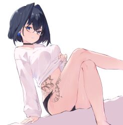 Rule 34 | 1girl, arm support, bare legs, black choker, black hair, black panties, blue eyes, blue hair, bow, bow earrings, breasts, choker, clothes lift, crossed legs, earrings, glasses, hair intakes, highres, hololive, hololive english, jewelry, large breasts, lifted by self, looking at viewer, midriff, multicolored hair, namiorii, ouro kronii, panties, parted lips, ribbon earrings, short hair, simple background, sitting, solo, sweater, sweater lift, tattoo, thighs, twitter username, underwear, virtual youtuber, white background, white sweater