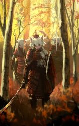 Rule 34 | 6+girls, alternate costume, animal ears, armor, arms at sides, autumn, autumn leaves, blurry, boots, depth of field, forest, gauntlets, glowing, glowing eyes, grass, hair between eyes, hat, highres, holding, holding shield, holding sword, holding weapon, inubashiri momiji, japanese armor, kaatoso, kote, kusazuri, leaf, long hair, looking at viewer, mask, multiple girls, nature, open mouth, outdoors, over shoulder, pauldrons, shield, short hair, shoulder armor, silver hair, solo focus, standing, sword, sword over shoulder, tokin hat, touhou, tree, weapon, weapon over shoulder, wolf ears