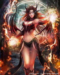 Rule 34 | 1girl, arm warmers, breasts, cleavage, dragon&#039;s shadow, fantasy, glowing, glowing eyes, horns, kei1115, long hair, magic, magic circle, medium breasts, midriff, navel, official art, red eyes, red hair, solo, standing, tattoo, watermark, wings, witch