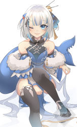 Rule 34 | 1girl, absurdres, black thighhighs, blue dress, blue eyes, blue hair, blush, china dress, chinese clothes, collarbone, dress, fins, fish tail, gawr gura, highres, hololive, hololive english, looking at viewer, multicolored hair, one eye closed, open mouth, shark tail, sharp teeth, smile, solo, streaked hair, tail, teeth, thighhighs, virtual youtuber, weyas kayur, white hair